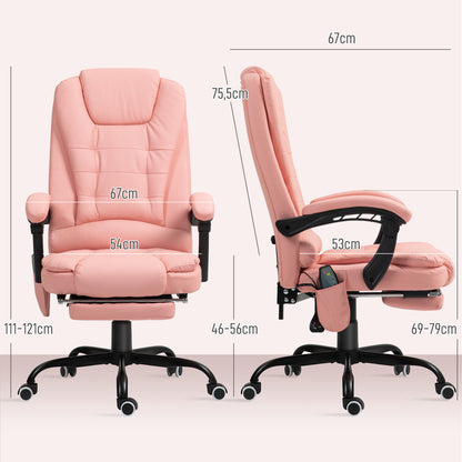 Vinsetto Cadeira de Massagem com 7 Pontos de Massagem Cadeira de Escritório Reclinável com Altura Ajustável Apoio para os Pés e Controlo Remoto 67x67x111-121 cm Rosa