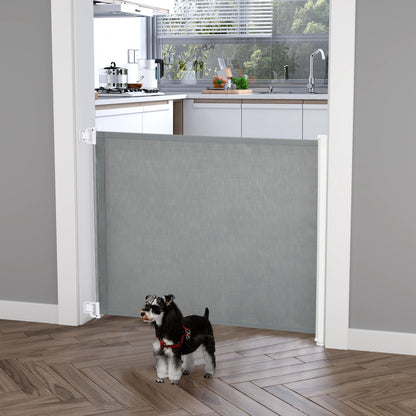 PawHut Barreira de Segurança para Cães Extensível Grade Retrátil para Animais de Estimação com Extensão Aço e Tecido de Textilene para Escadas e Portas 5,5-115x5,5x82,5cm Cinza