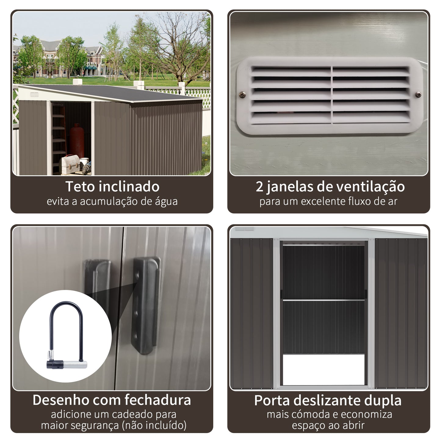 Outsunny Abrigo de Jardim 280x345x201 cm 8,9 m² Abrigo de Exterior de Aço para Armazenamento de Ferramentas com Portas e 2 Janelas Cinza