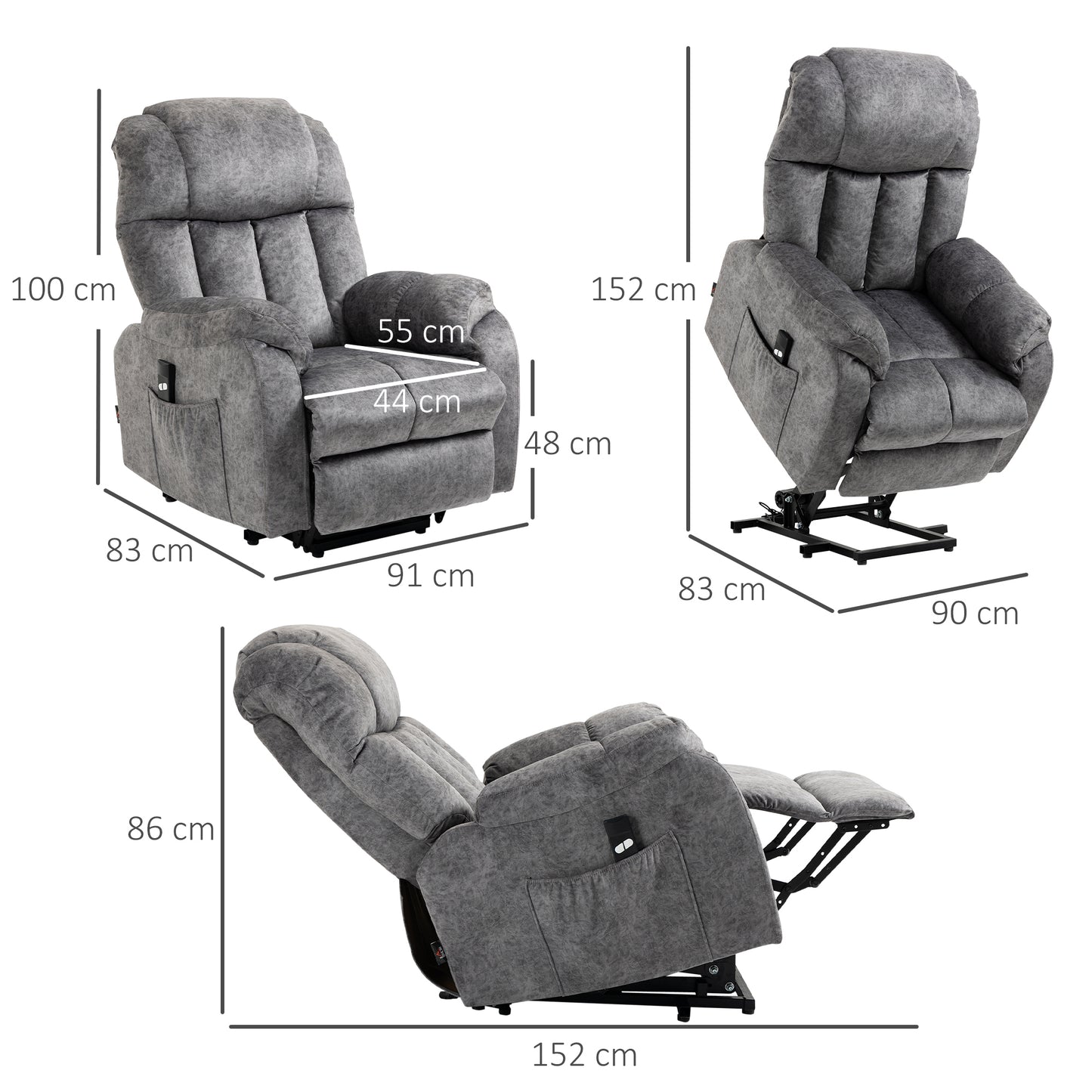 HOMCOM Poltrona Levanta Pessoas Estofada em Veludo com Reclinação Elétrica 135° Controlo Remoto Apoio para os Pés e 2 Bolsos Laterais 91x83x100cm Cinza