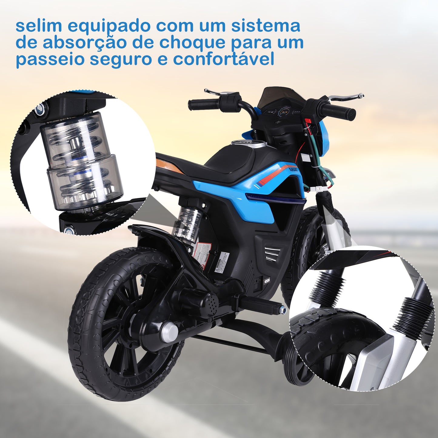 HOMCOM Motocicleta Elétrica de Brinquedo para Crianças Motocicleta Crianças de a partir de 3 anos Bateria 6V com Luzes e Música 105x52,3x62,3cm Azul