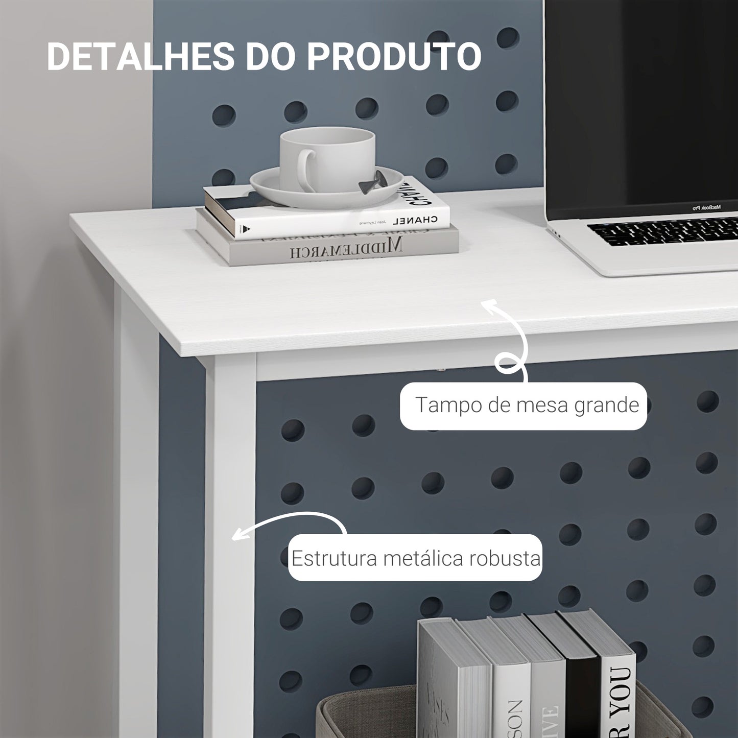 HOMCOM Secretária Moderna Mesa de Estudo com Estrutura de Aço e Pés Ajustáveis Mesa de Computador para Escritório Casa 120x60x76 cm Branco