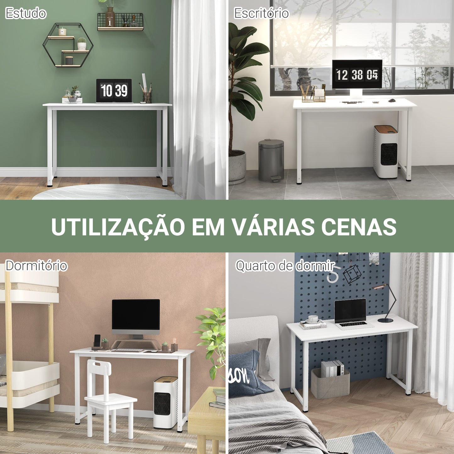 HOMCOM Secretária Moderna Mesa de Estudo com Estrutura de Aço e Pés Ajustáveis Mesa de Computador para Escritório Casa 120x60x76 cm Branco