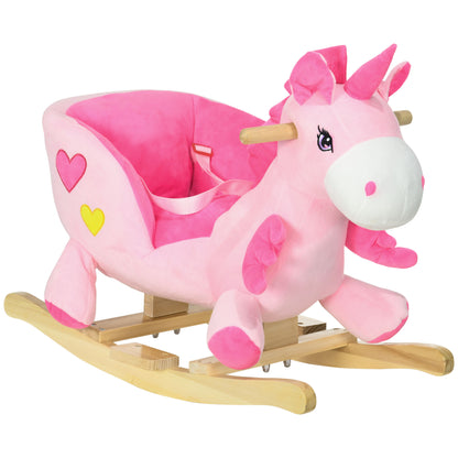 HOMCOM Cavalo Baloiço para Bebés 18-36 Meses Cavalo Baloiço em Forma de Unicornio com Música Cinto de Segurança Guiador e Apoio para os Pés Carga Máxima 30 kg 65x35x45 cm Rosa