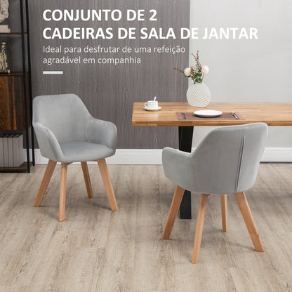 HOMCOM Conjunto de 2 Cadeiras de Sala de Jantar Modernas Cadeiras de Cozinha Estofadas em Veludo com Encosto Médio e Pés de Madeira de Borracha para Sala de Estar Carga 120kg 54x57x80cm Cinza