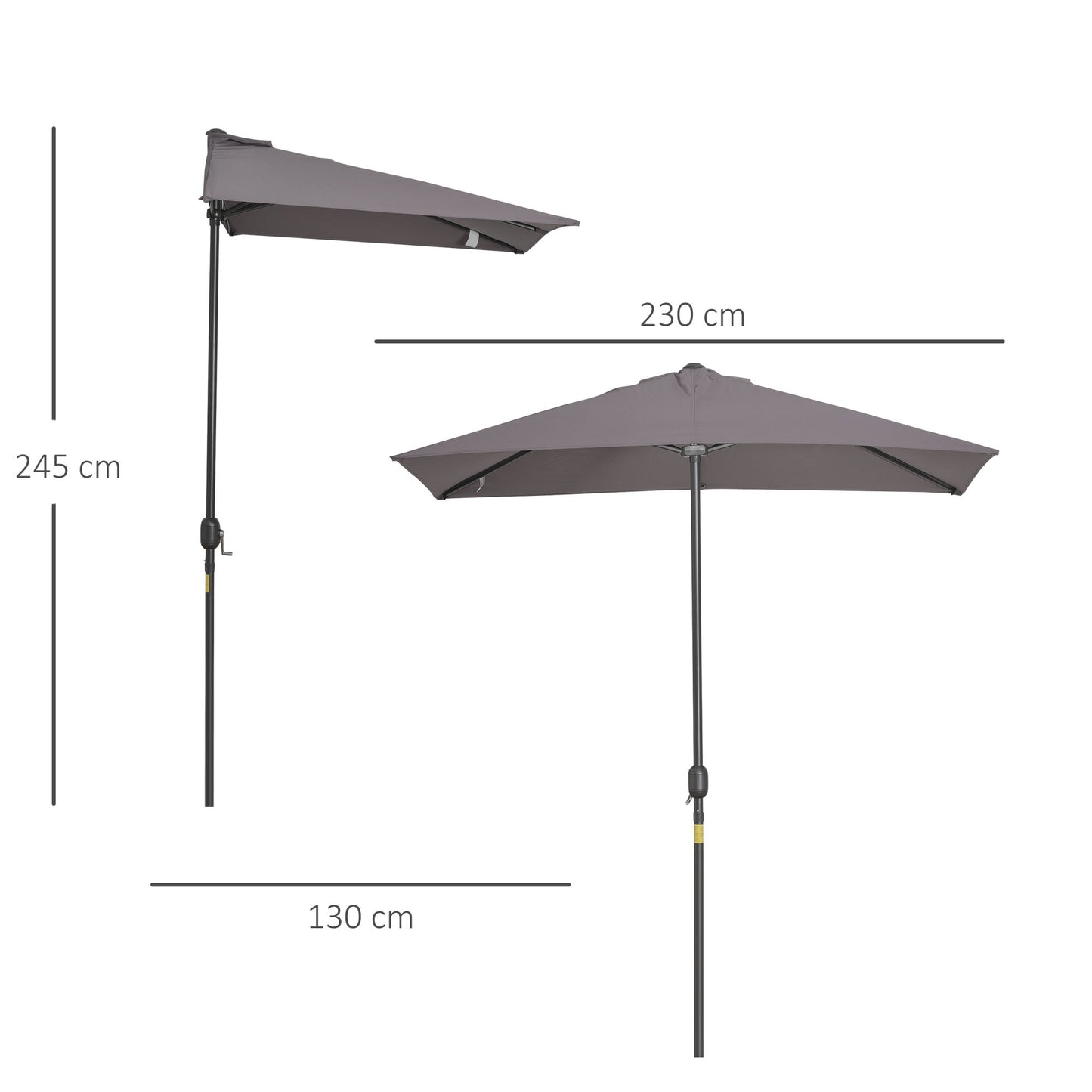 Outsunny Meia Chapéu de sol 230x130x245 cm Chapéu de sol para Parede Jardim com Manivela e Vara Metálica Ø38 mm Terraço Varanda Cinzento