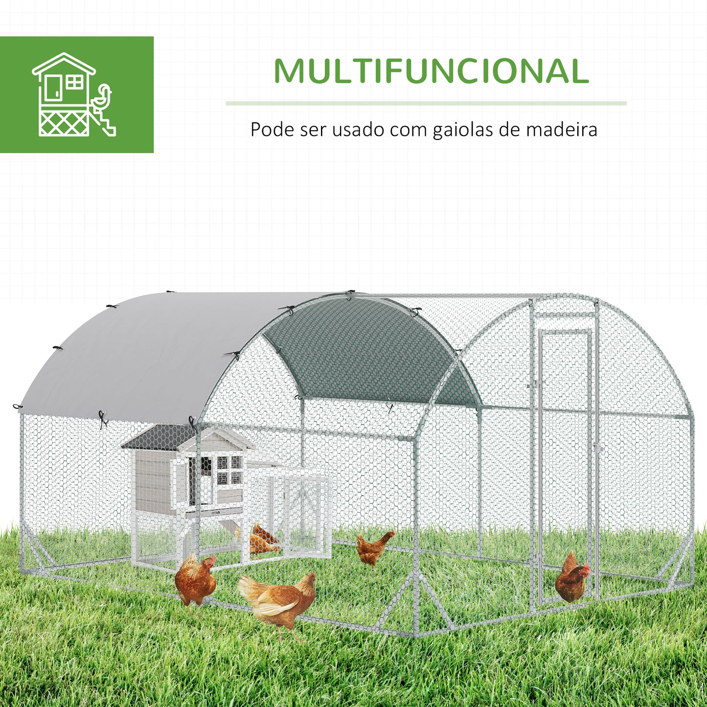 PawHut Galinheiro para Exterior Grande 2,8x3,8x1,97m Galinheiro para 6-12 Galinhas de Aço Galvanizado com Teto de Tecido Oxford para Coelhos Aves Prata