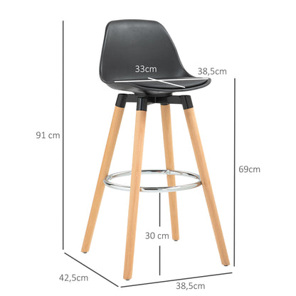 HOMCOM Conjunto de 2 Bancos de Bar Estofado em PU Bancos Altos de Cozinha com Assento de 69 cm e Pés de Madeira para Cozinha Sala de Jantar 38,5x42,5x91 cm Preto