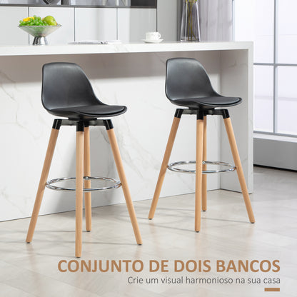 HOMCOM Conjunto de 2 Bancos de Bar Estofado em PU Bancos Altos de Cozinha com Assento de 69 cm e Pés de Madeira para Cozinha Sala de Jantar 38,5x42,5x91 cm Preto