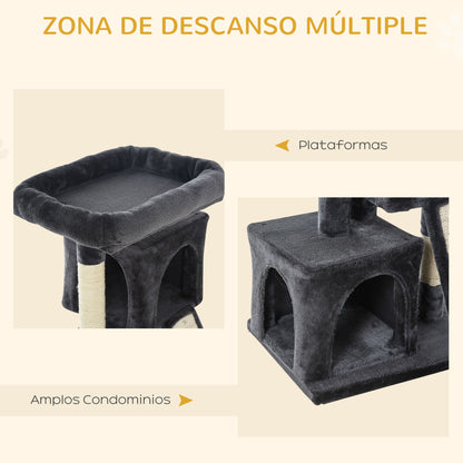 PawHut Árvore para gatos Centro de recreação para animais de estimação com poste e tábua de arranhar Cama Cuevas com borda levantada toque macio 59x39x83 cm cinza escuro