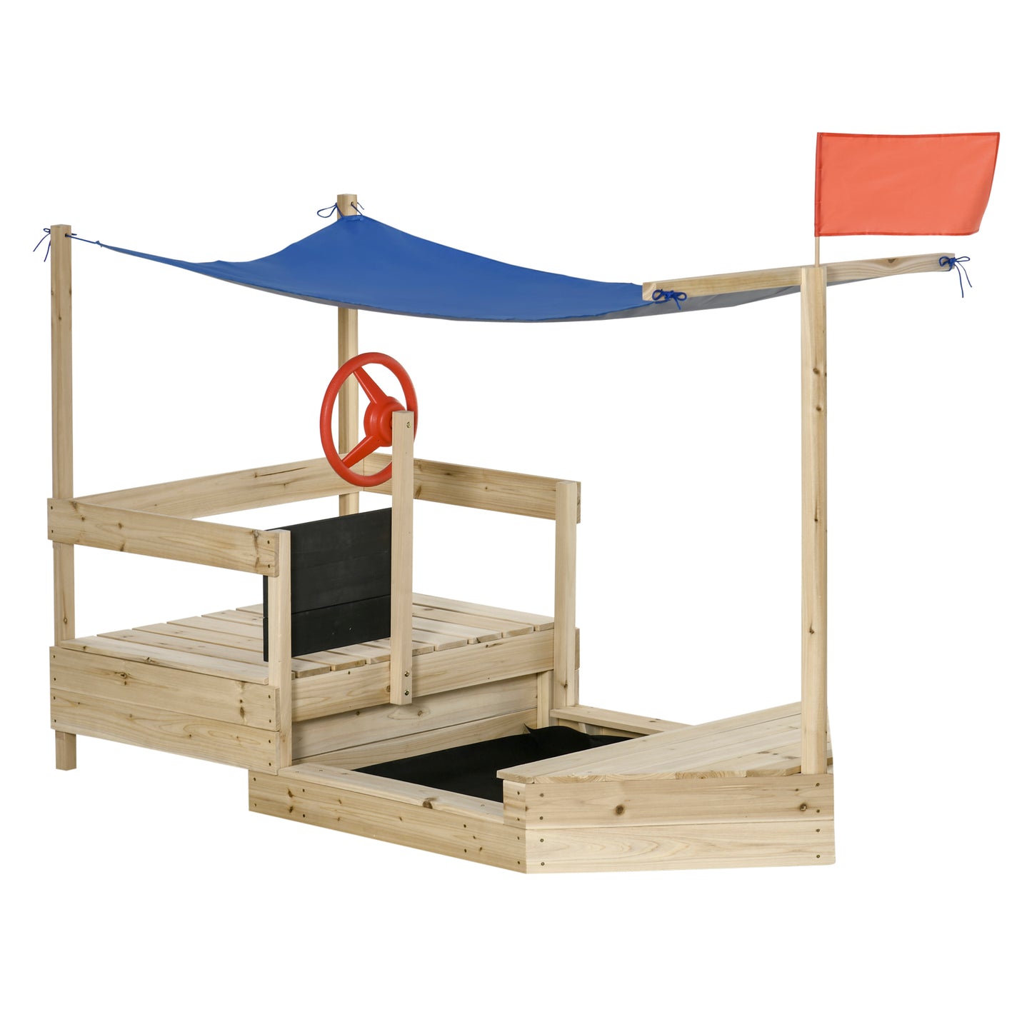 Outsunny Caixa de Areia Infantil de Madeira Desenho de Barco a Vela Toldo Quadro Negro bandeira Vermelha e Volante Caixa de Areia de Jardim para Crianças acima de 3 Anos 180x91,5x144cm Natural