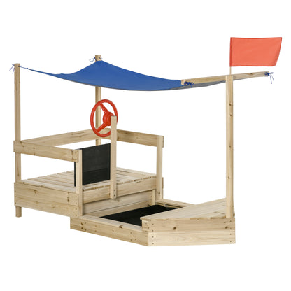 Outsunny Caixa de Areia Infantil de Madeira Desenho de Barco a Vela Toldo Quadro Negro bandeira Vermelha e Volante Caixa de Areia de Jardim para Crianças acima de 3 Anos 180x91,5x144cm Natural