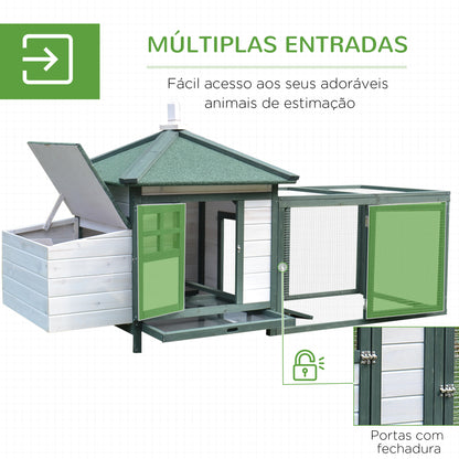 PawHut Galinheiro de Madeira de Abeto para Galinhas de Exterior com Caixa Ninho Bandeja Removível e Espaço para Correr 196x76x97 cm Verde