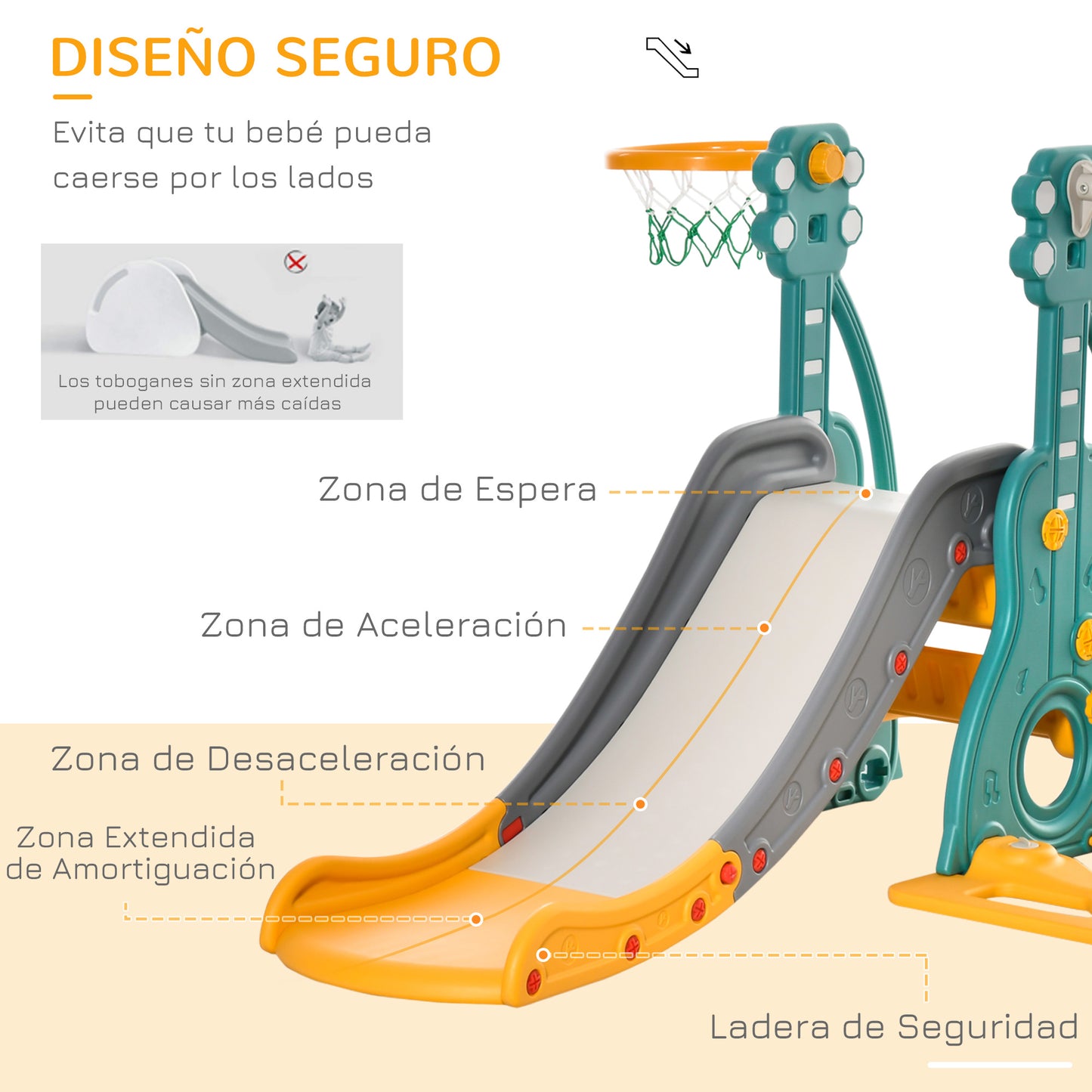 HOMCOM Escorega Infantil com Baloiço e Cesta de Basquetebol 3 em 1 para 18-36 Meses com Assento Ajustável Parque Infantil para Interior e Exterior 152x149x107cm Multicor