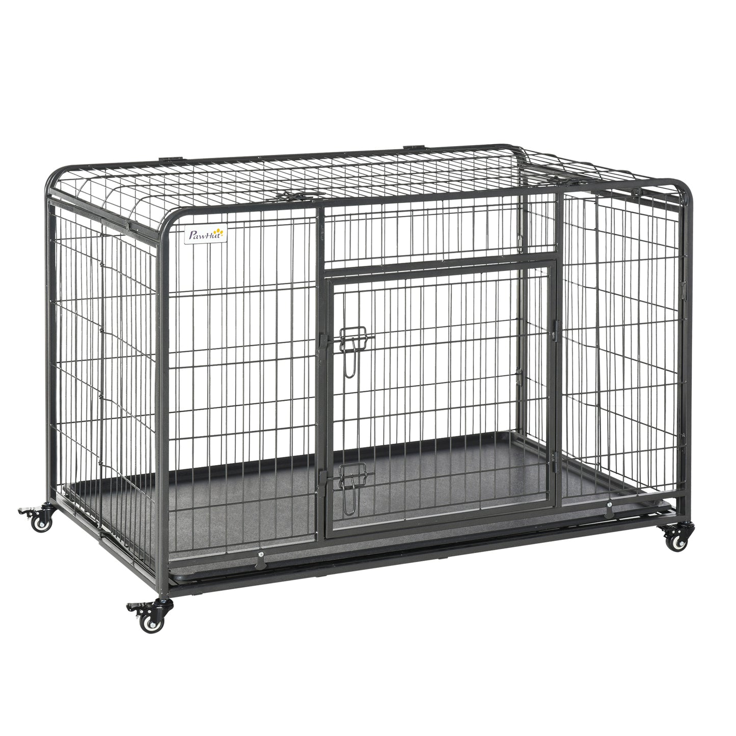 PawHut Gaiola dobrável de metal com rodas e freios Bandeja removível e porta com travas125x76x81 cm Cinza escuro