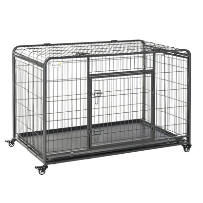 PawHut Gaiola dobrável de metal com rodas e freios Bandeja removível e porta com travas125x76x81 cm Cinza escuro