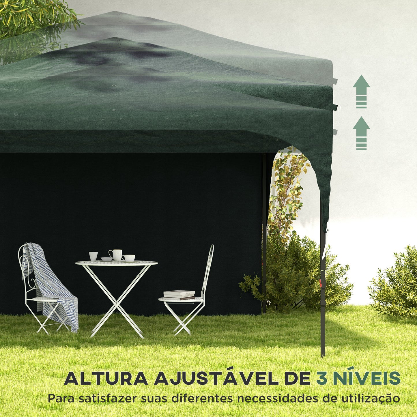 Outsunny Tenda Dobrável 3x3m com Altura Ajustável Tenda de Jardim com 1 Parede Lateral Teto com Ventilação 4 Sacos de Areia e Bolsa de Transporte para Campismo Festas Verde