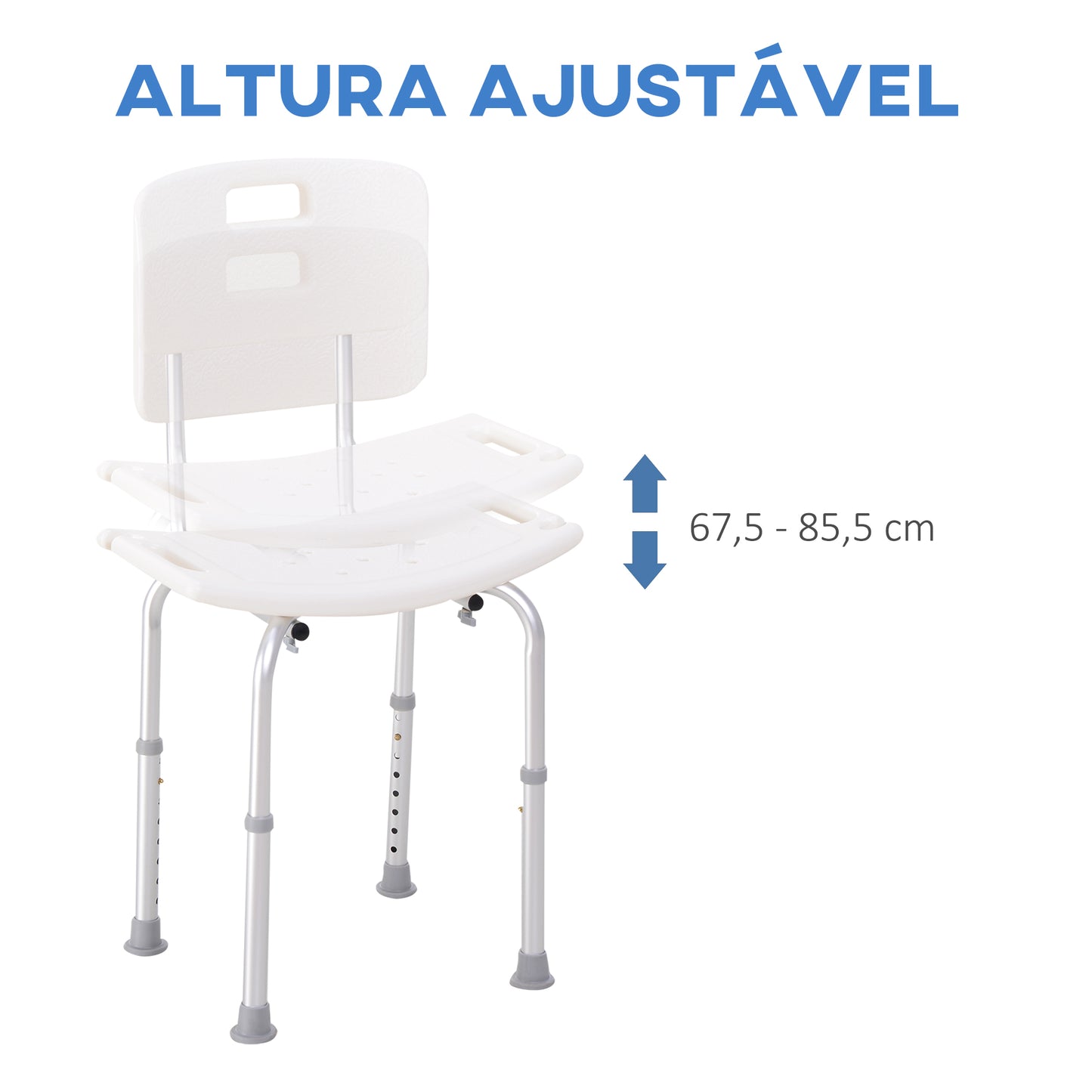 HOMCOM Cadeira para Duche Antiderrapante com Altura Ajustável em 8 Níveis Cadeira de Banho 50,6x43x71-88 cm Branco