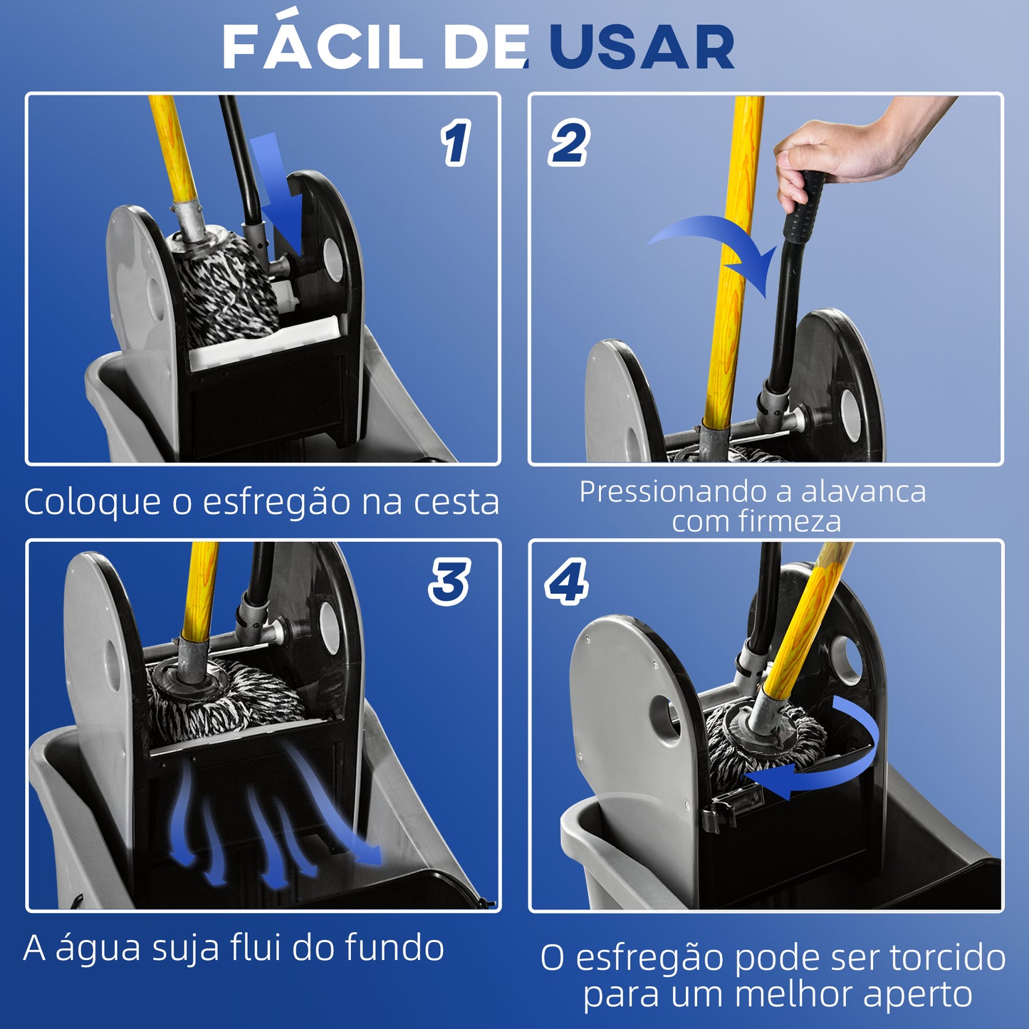 HOMCOM Balde de Esfregona Comercial Balde de Esfregona com Espremedor de Pressão para Baixo Capacidade 36L com 4 Rodas Silenciosas 2 Cubetas Separadas 54x41x91,5 cm Cinza