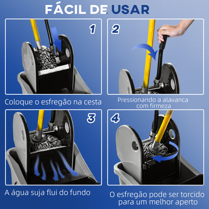 HOMCOM Balde de Esfregona Comercial Balde de Esfregona com Espremedor de Pressão para Baixo Capacidade 36L com 4 Rodas Silenciosas 2 Cubetas Separadas 54x41x91,5 cm Cinza