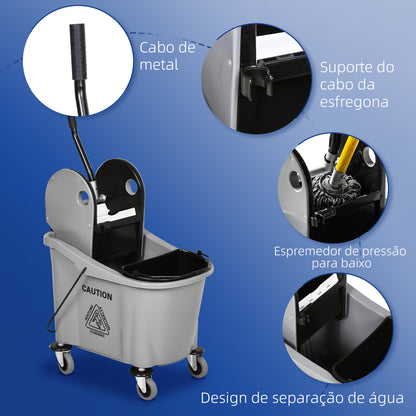 HOMCOM Balde de Esfregona Comercial Balde de Esfregona com Espremedor de Pressão para Baixo Capacidade 36L com 4 Rodas Silenciosas 2 Cubetas Separadas 54x41x91,5 cm Cinza