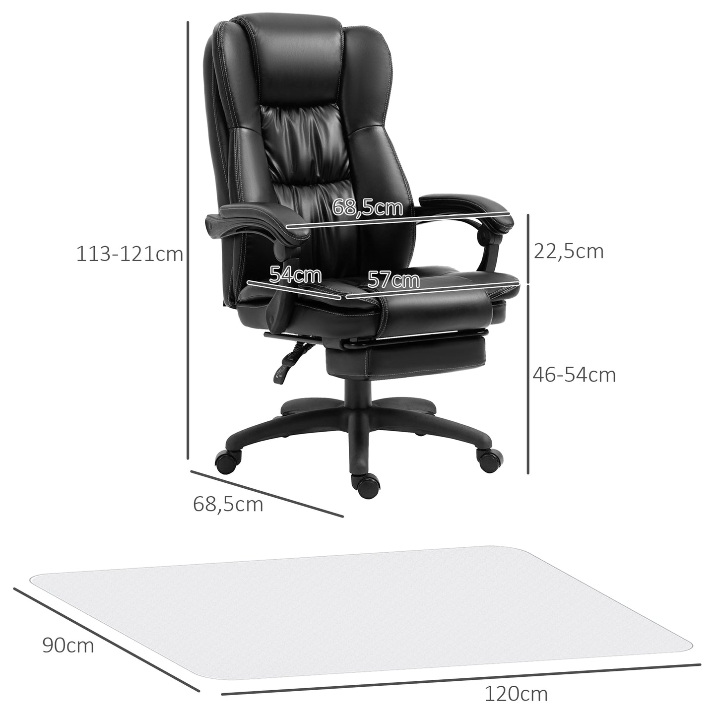 Vinsetto Conjunto para Escritório Inclui 1 Cadeira de Massagem Reclinável com 6 Pontos de Massagem 68,5x68,5x113-121 cm e 1 Tapete Protetor de Chão 90x120 cm Preto e Transparente