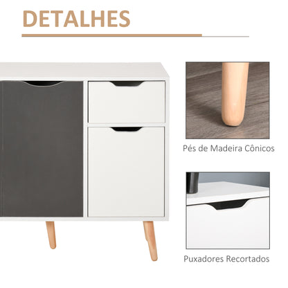 HOMCOM Aparador Móvel Auxiliar de Armazenamento com 2 Armários de Porta Gaveta Pés de Madeira para Sala de Estar Cozinha Dormitório 90x30x72 cm Cinza e Branco