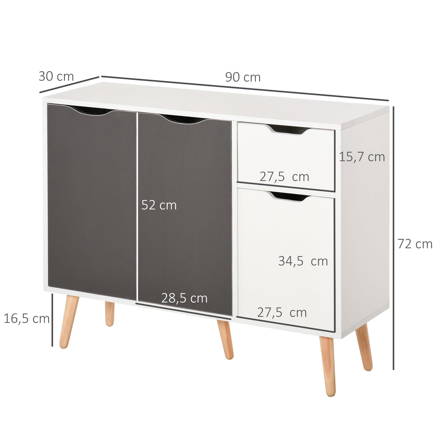 HOMCOM Aparador Móvel Auxiliar de Armazenamento com 2 Armários de Porta Gaveta Pés de Madeira para Sala de Estar Cozinha Dormitório 90x30x72 cm Cinza e Branco