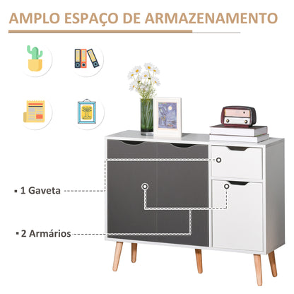 HOMCOM Aparador Móvel Auxiliar de Armazenamento com 2 Armários de Porta Gaveta Pés de Madeira para Sala de Estar Cozinha Dormitório 90x30x72 cm Cinza e Branco