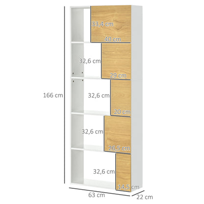 HOMCOM Estante de 5 Níveis Estante para Livros com 5 Portas e Compartimentos Abertos para Sala de Estar Dormitório Estúdio 63x22x166cm Branco e Madeira