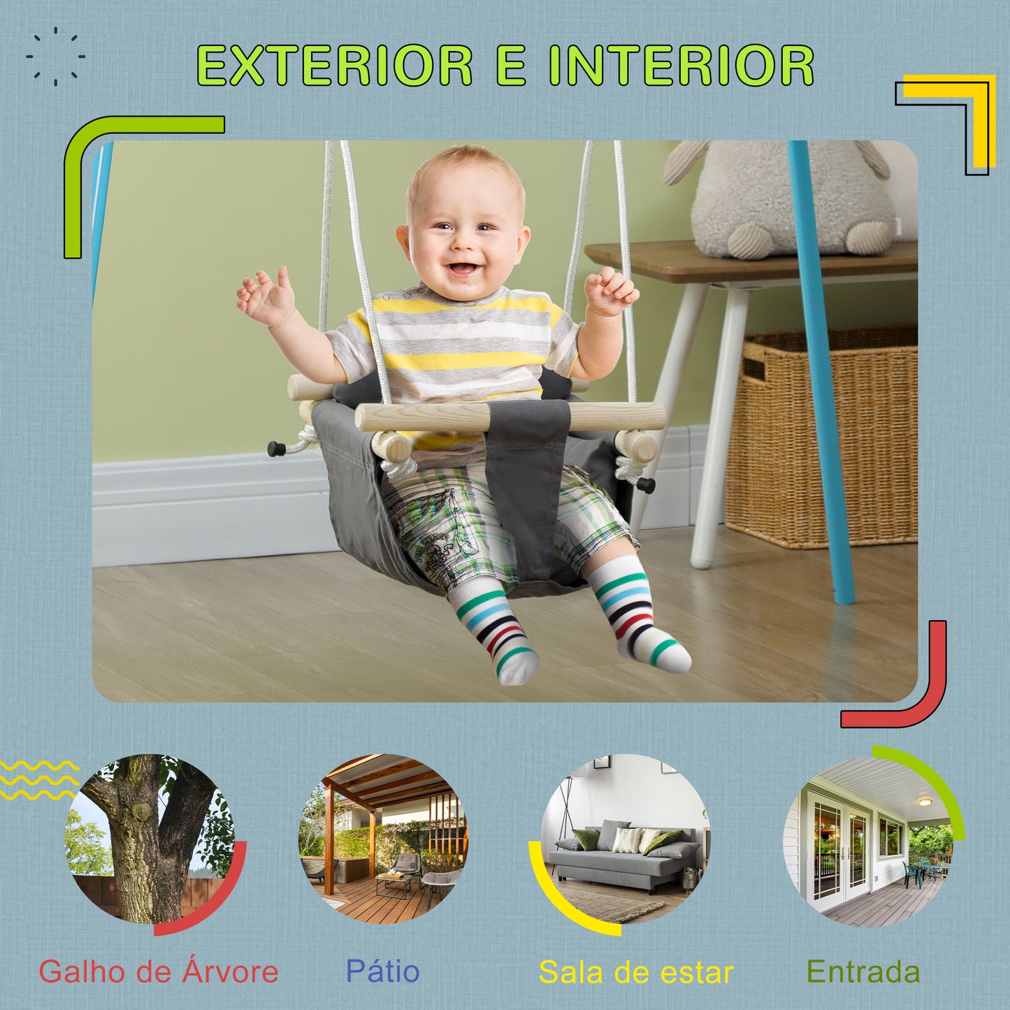 AIYAPLAY Baloiço para Bebés de 9-36 Meses com Cordas Ajustáveis Baloiço Infantil com e Assento Acolchoado Carga 70 kg para Interiores e Exteriores 40x40x110-180 cm Cinza Escuro