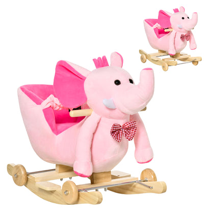 Cavalo Baloiço com Rodas e Forma de Elefante Cavalo Baloiço para Bebés acima de 18 Meses com Músicas Infantis e Cinto de Segurança Carga Máxima 60 kg 60x35x45 cm Rosa