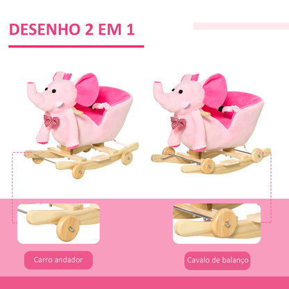 Cavalo Baloiço com Rodas e Forma de Elefante Cavalo Baloiço para Bebés acima de 18 Meses com Músicas Infantis e Cinto de Segurança Carga Máxima 60 kg 60x35x45 cm Rosa