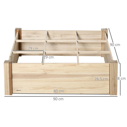 Outsunny Plantador de Madeira Quadrado com 9 Compartimentos Removíveis Plantador de Jardim para Cultivos Plantas Flores 90x90x28cm Natural