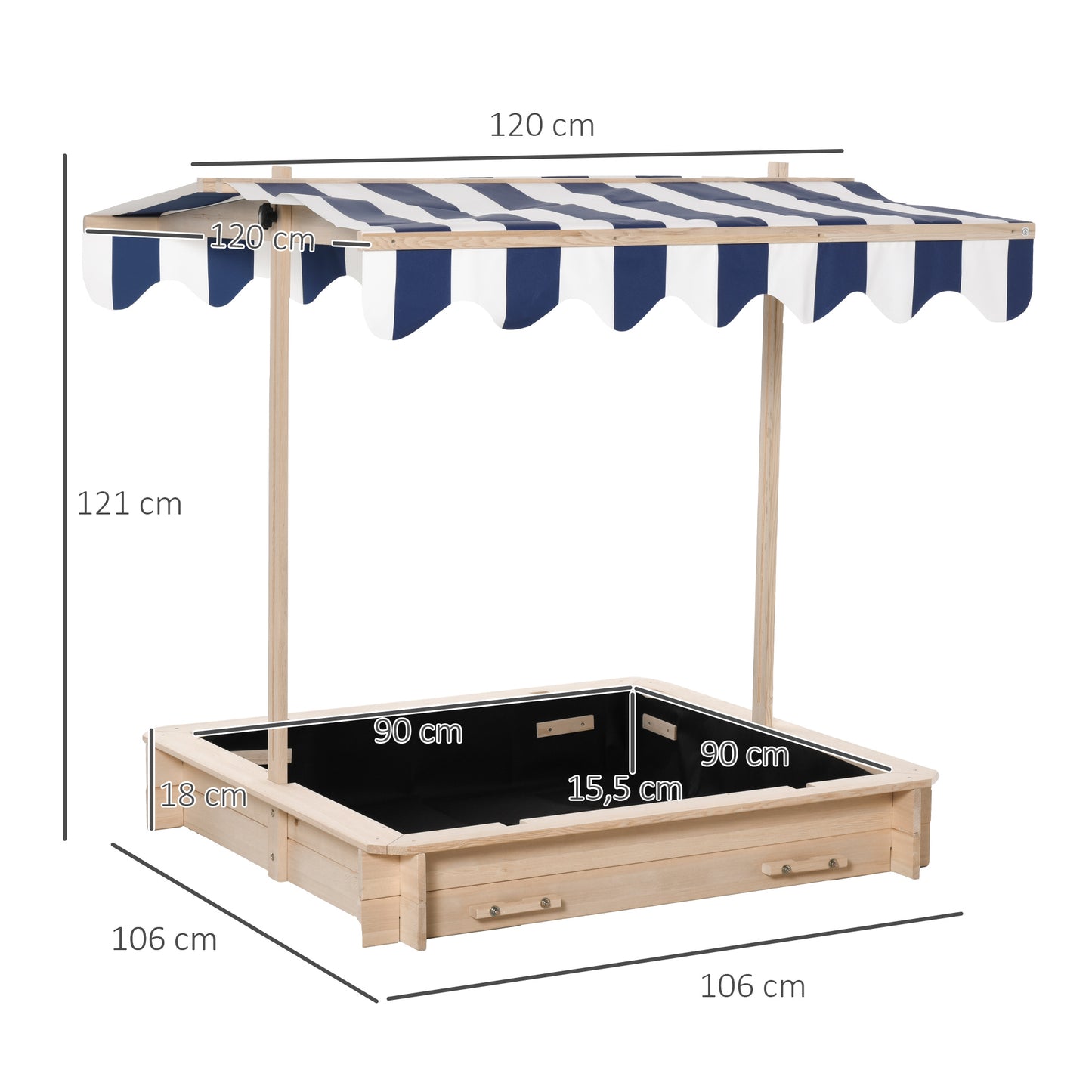 Outsunny Caixa de Areia de Madeira para Crianças acima de 3 Anos com Banco Toldo Ajustável Removível 106x106x121cm Carga 50kg Madeira