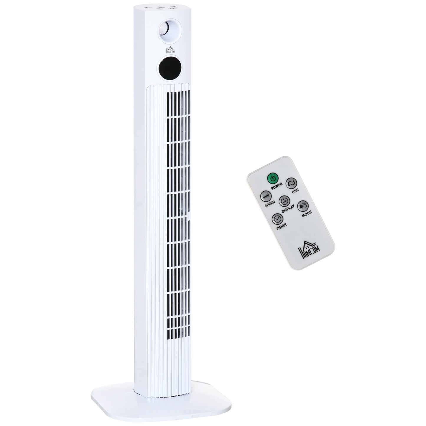 HOMCOM Ventoinha de Coluna 45W Silencioso com Controle Remoto 3 Velocidades 3 Modos Oscilação 70° Tela LED Tátil Temporizador 12h e Caixa de Aromas 31,5x31,5x96cm Branco