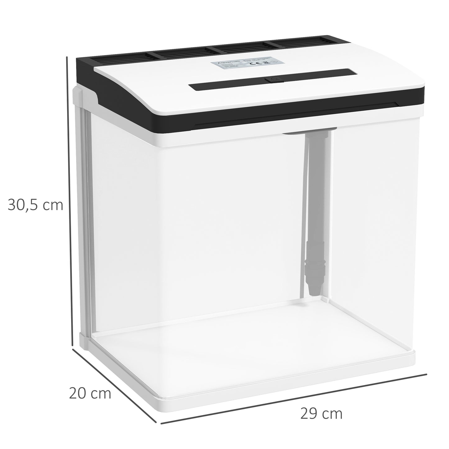 PawHut Aquário de Cristal de 13L Aquário Pequeno com Sistema de Filtração Iluminação LED e Bomba de Água 29x20x30,5 cm Branco