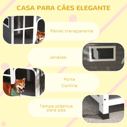 PawHut Casa para Cães de Madeira 101x66,5x70,5cm Casa para Animais de Estimação com Teto Abatível Frontal de Acrílico Porta com Cortina e Fundo Amovível Cinza Escuro