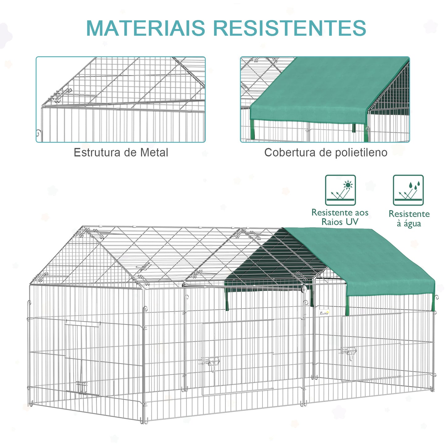 PawHut Gaiola para Animais de Estimação Pequenos 220x103x103cm Gaiola para Coelhos e Galinhas com 2 Portas e Proteção Solar para Exterior Jardim Pátio Prata e Verde