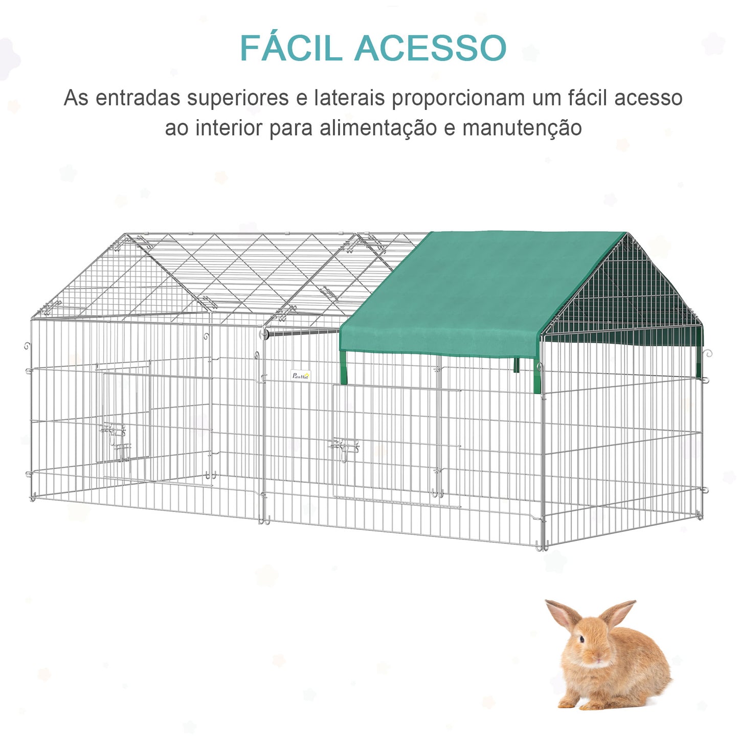 PawHut Gaiola para Animais de Estimação Pequenos 220x103x103cm Gaiola para Coelhos e Galinhas com 2 Portas e Proteção Solar para Exterior Jardim Pátio Prata e Verde