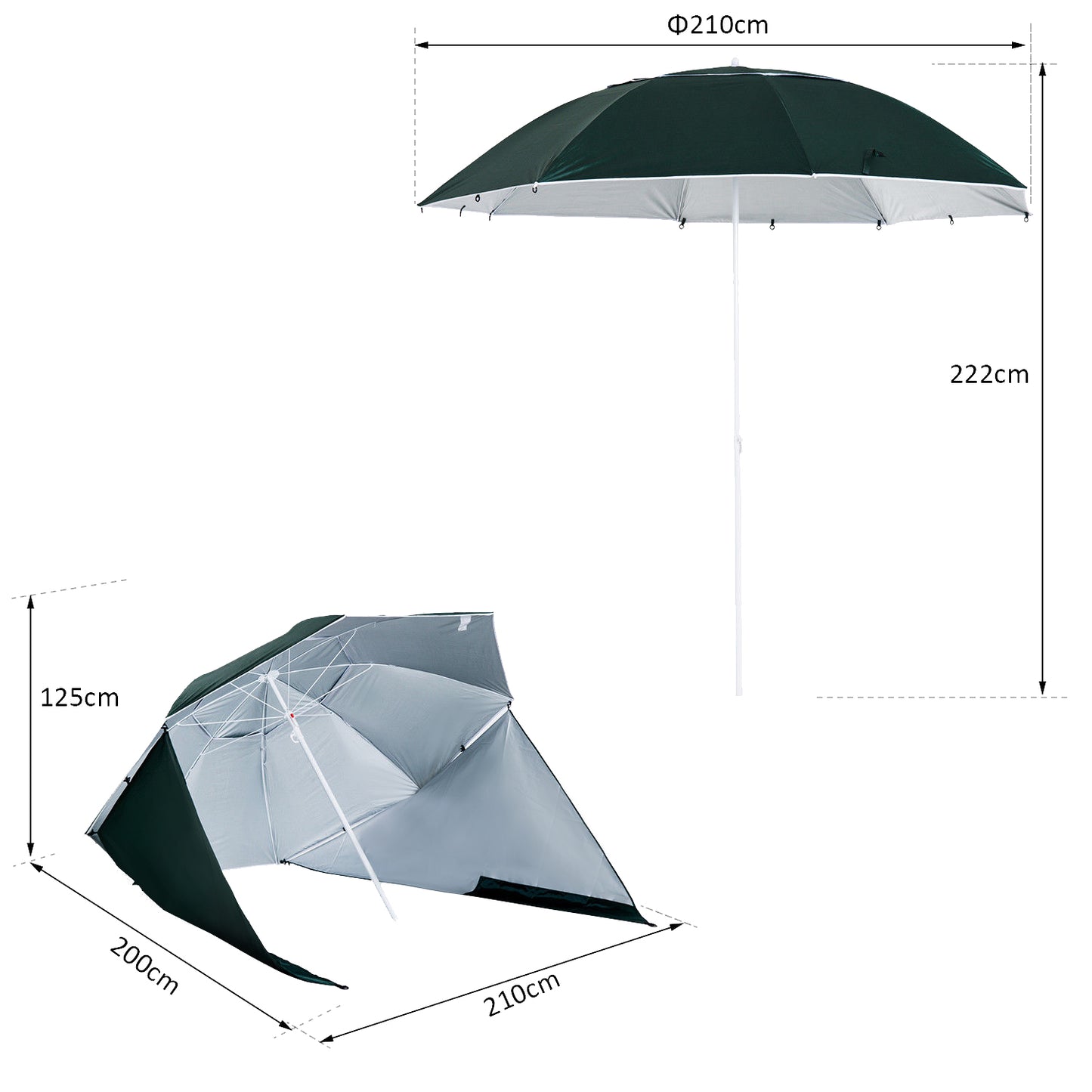 Outsunny Chapéu de Sol de Praia com Painéis Laterais Tipo Tenda Chapéu de Sol para Praia com Proteção UV Φ210x222cm Verde Escuro