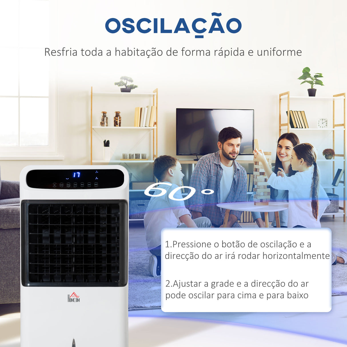 HOMCOM Climatizador Humidificador Refrigerador de Ar com Rodas Depósito de 12L Controlo Remoto 3 Modos de Velocidade Temporizador 12h e Ecrã LED Tátil 38x35x81cm Branco