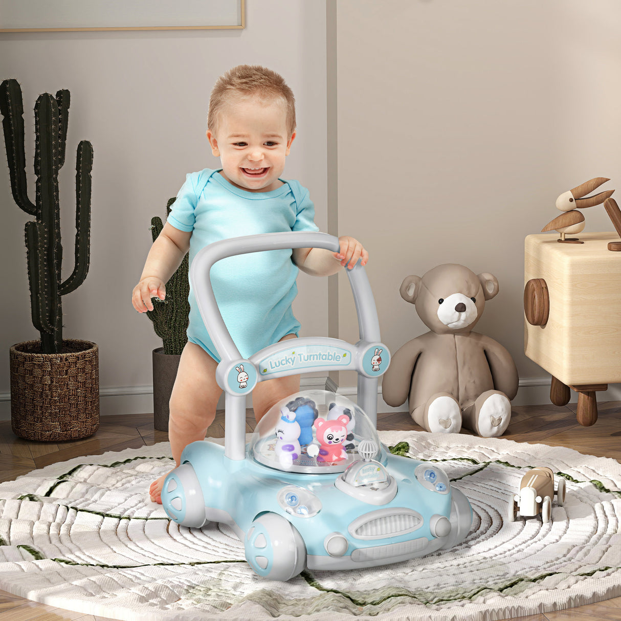 AIYAPLAY Andador para Bebés de 1-3 Anos Andador para Bebés com Altura Ajustável Música Rodas Antiderrapantes Luzes Guiador Desmontável Carga 25 kg Azul Claro