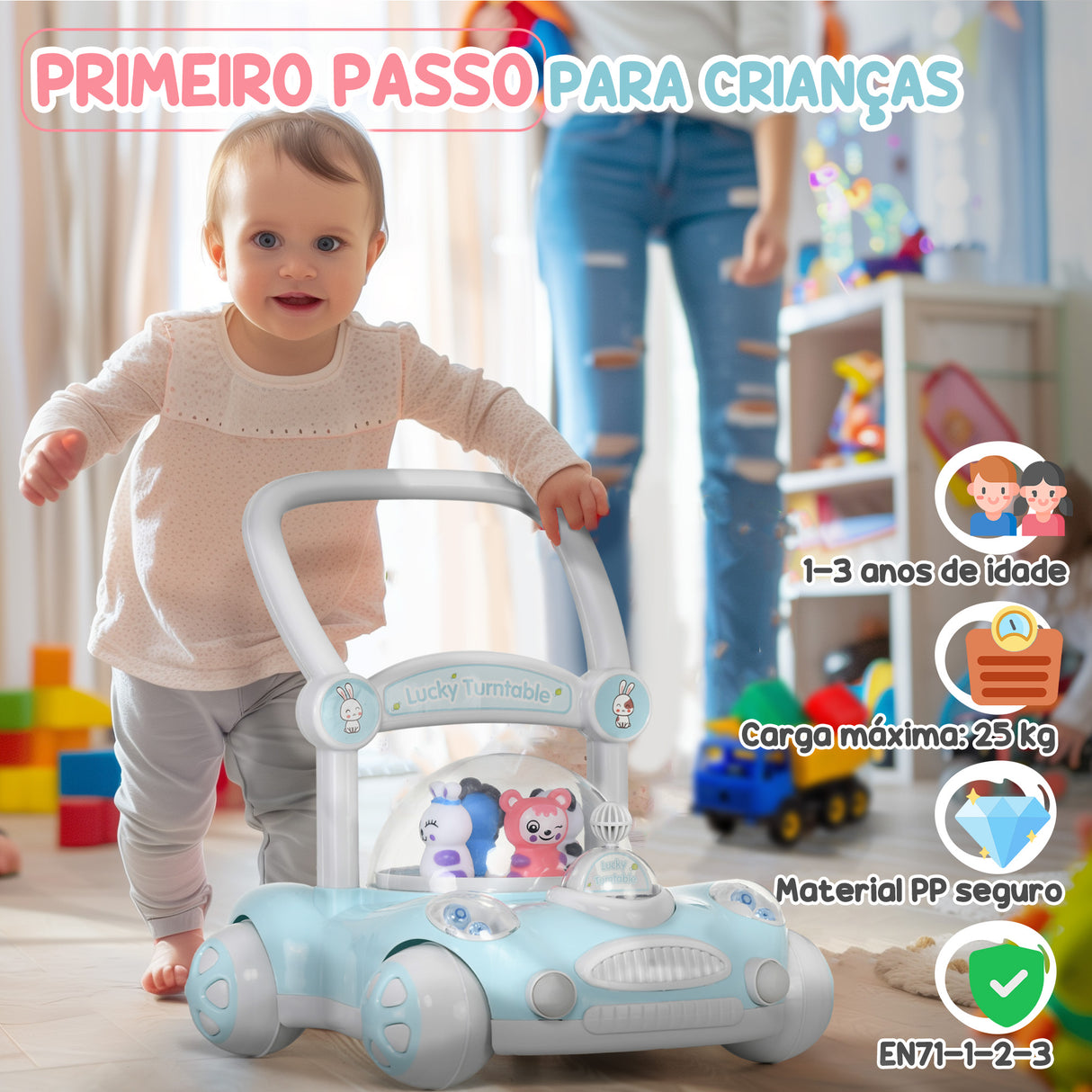 AIYAPLAY Andador para Bebés de 1-3 Anos Andador para Bebés com Altura Ajustável Música Rodas Antiderrapantes Luzes Guiador Desmontável Carga 25 kg Azul Claro