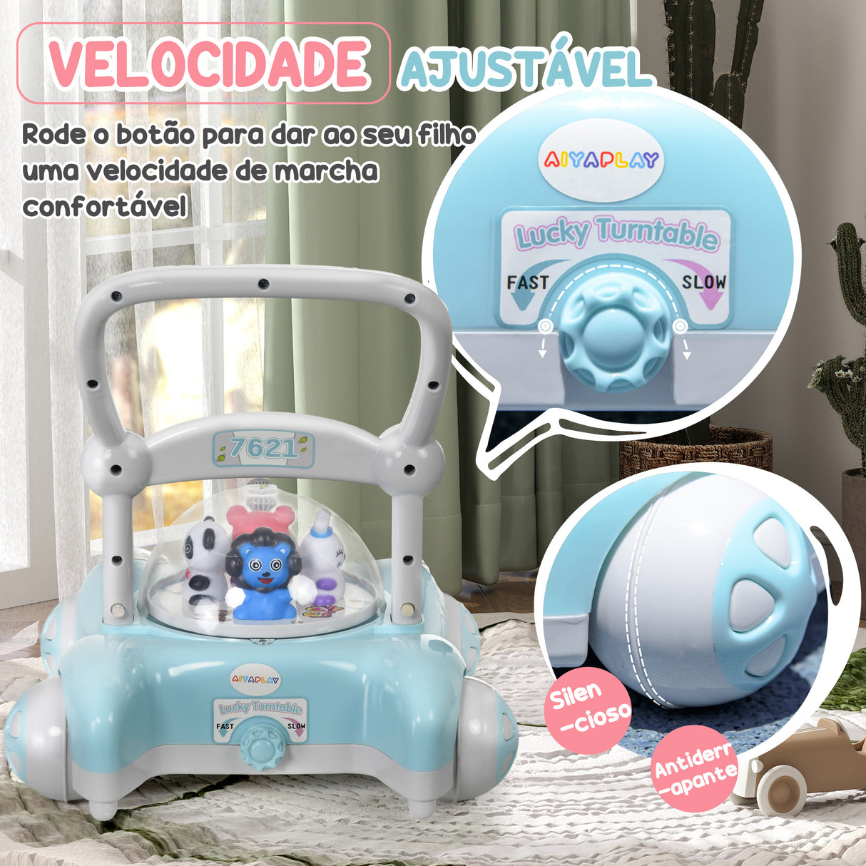 AIYAPLAY Andador para Bebés de 1-3 Anos Andador para Bebés com Altura Ajustável Música Rodas Antiderrapantes Luzes Guiador Desmontável Carga 25 kg Azul Claro