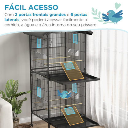 PawHut Gaiola para Pássaros 2 em 1 Gaiola de 2 Andares Convertível em Somente Uma com Rodas 4 Comedouros e 4 Poleiros e Bandejas Amovíveis para Canários 78x75x168 cm Preto