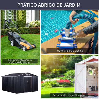 Outsunny Abrigo de Jardim Exterior Abrigo e Jardim Metálico para Armazenamento de Ferramentas com Base Incluída e 4 Janelas 277x322x192 cm Cinza Escuro