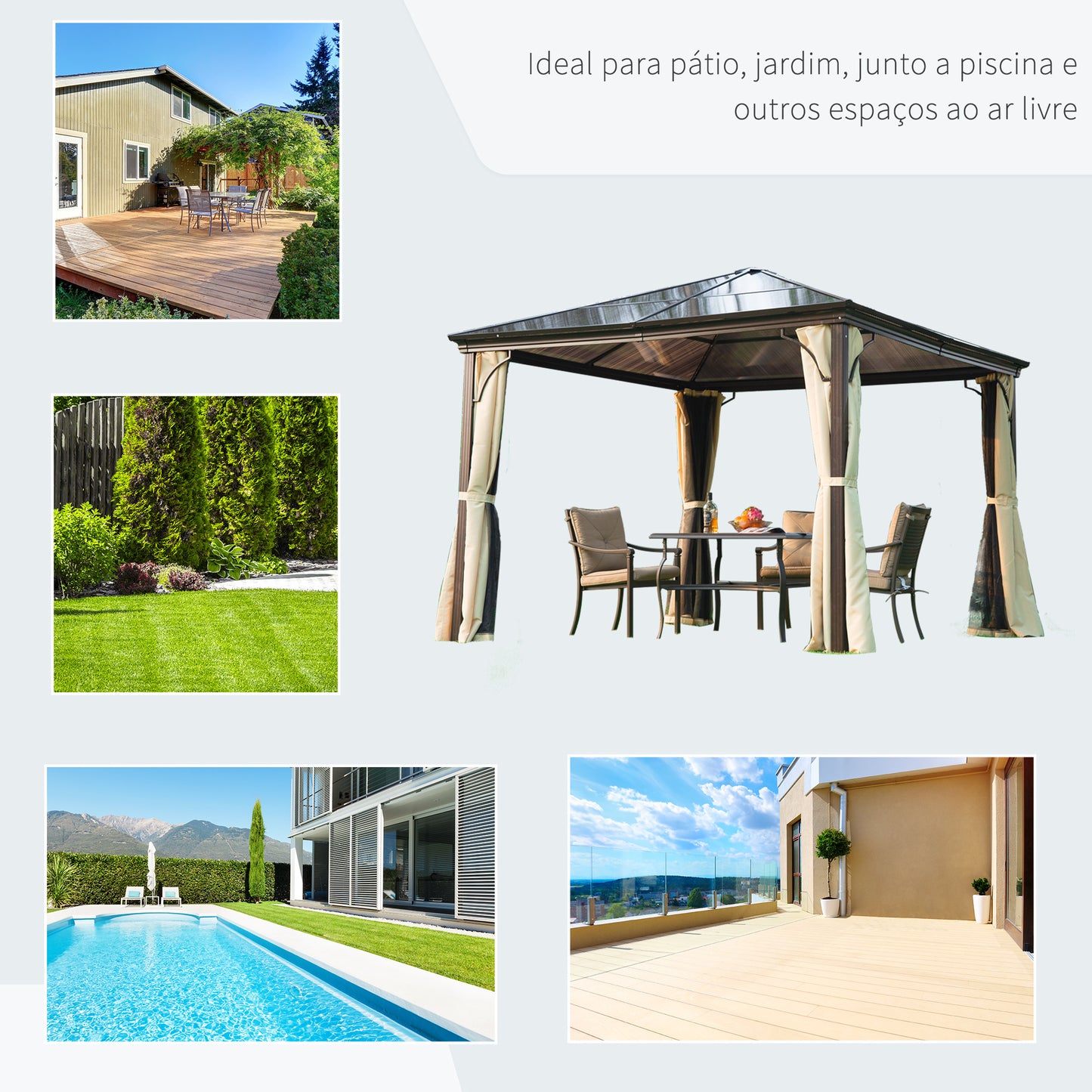 Outsunny Pérgola para Jardim 3x3m Pérgola para Exterior Anti UV Teto de Policarbonato e Mosquiteira Integrada Bege e Marrom