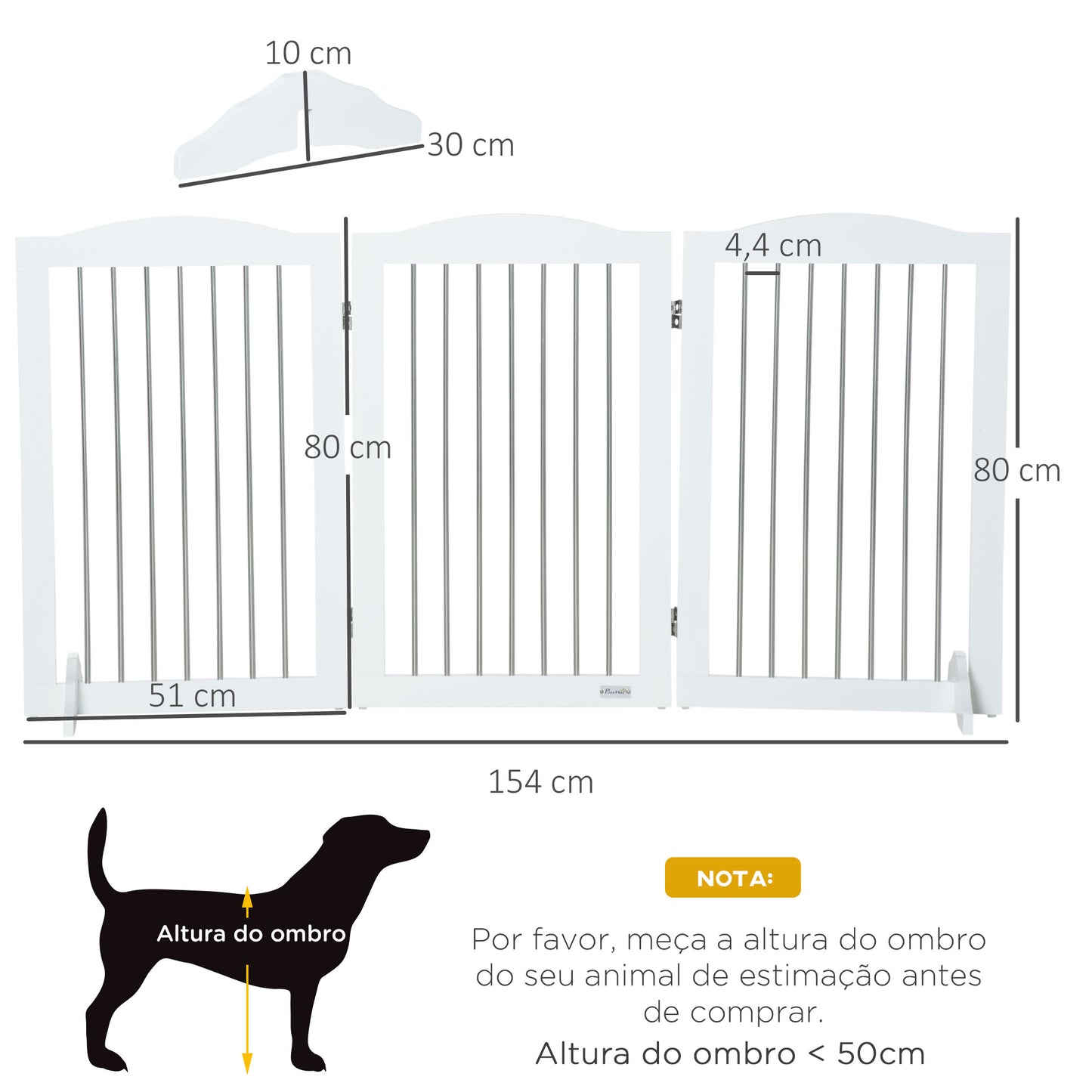 Barreira de Segurança para Cães Barreira de Segurança para Escadas e Portas 154x30x80cm Barreira de Segurança Dobrável com Suporte de Pé para Interior Branco