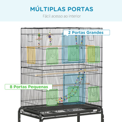 PawHut Gaiola para Pássaros com Rodas 79x49x133 cm Gaiola Metálica Grande com Suporte 4 Comedouros 3 Poleiros Brinquedos Bandeja Amovível e Prateleira para Canários Periquitos Preto